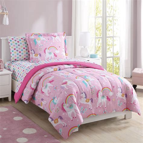 Unicorn twin bedding set - This bedding set includes a cozy comforter and matching sham(s) for coordinated flair. Each of the pieces features a vibrant print of unicorns, rainbows, flowers and fruits against a white background to add a dash of cheerful flair to their room. 100% cotton fabric ensures soft, comfortable year-round use, while the cozy comforter with fill ... 